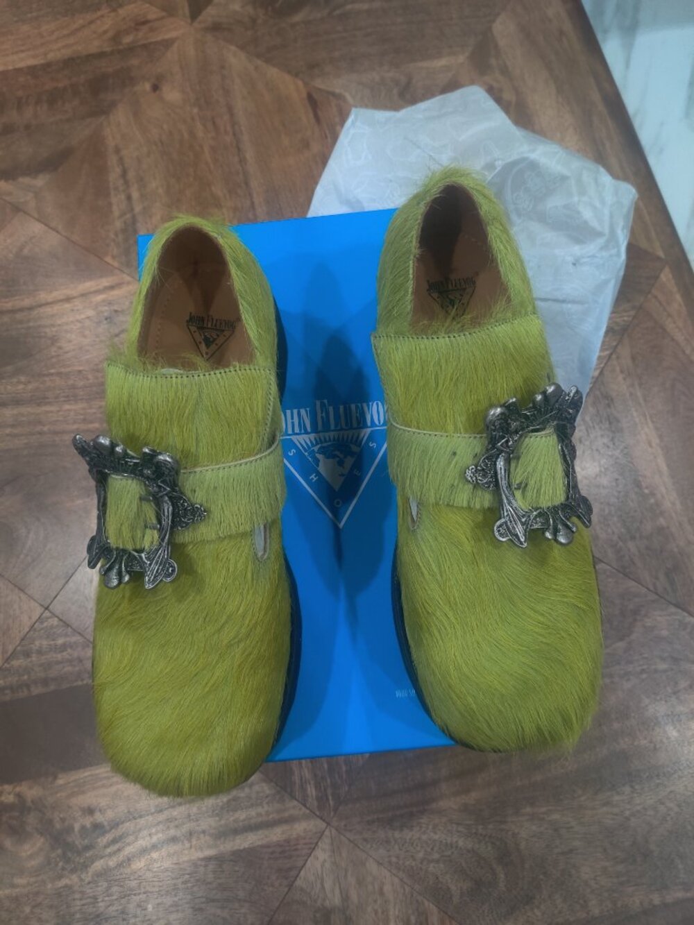 John Fluevog Astra style fur shoes size 12 W 10 M New